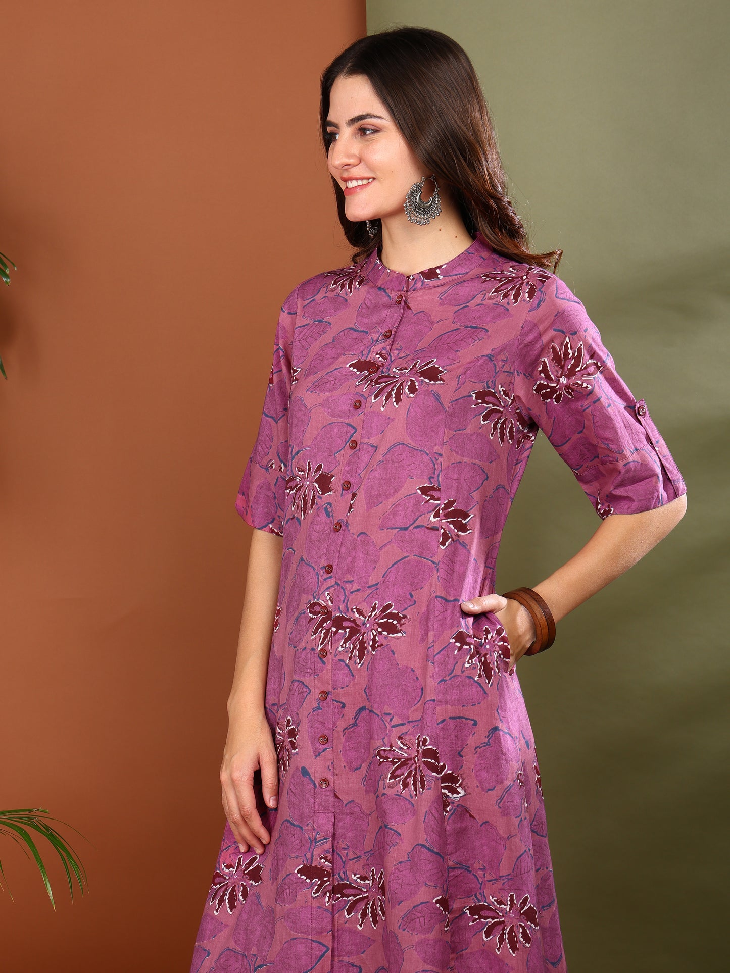 Yash Gallery Women's Cotton Floral Print Knee Length Half Sleeve A-line Kurta With Pant