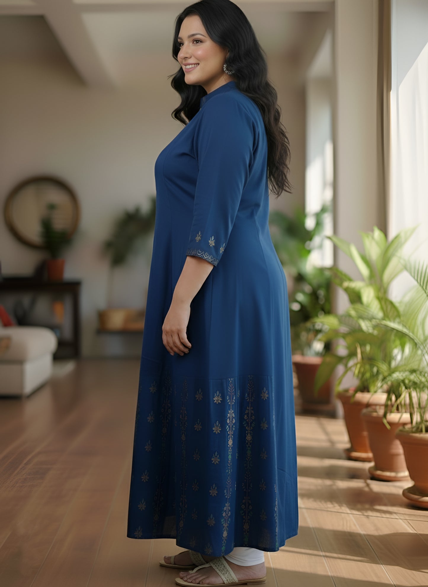 YASH GALLERY Women’s Rayon Staple Gold Print Front Slit A-Line Kurta