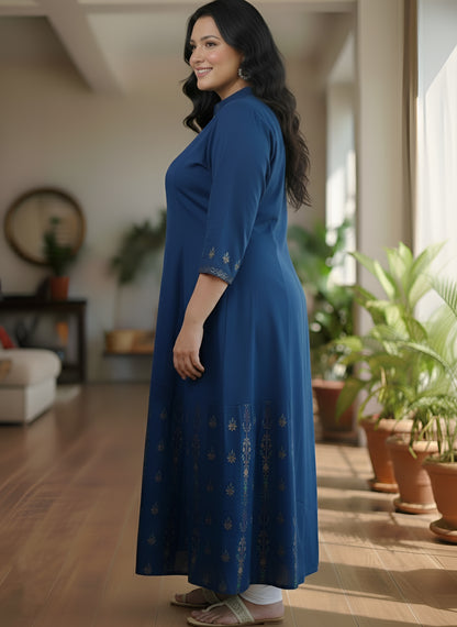 YASH GALLERY Women’s Rayon Staple Gold Print Front Slit A-Line Kurta