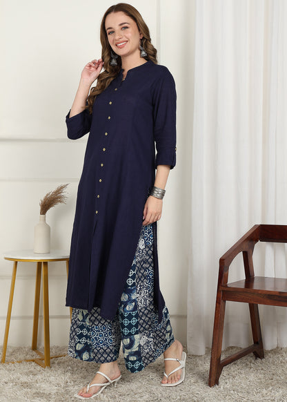 Women's Cotton Slub Solid Straight Kurta with Patchwork Print Palazzo Set (Maroon)