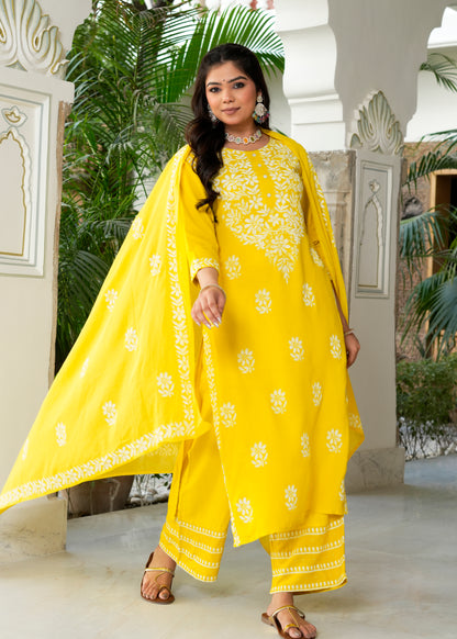 Yash Gallery Women’s Rayon Kurta Printed Chikankari Motifs with Dupatta and Plazzo , Round Neck, 3/4 Sleeves (Yellow)