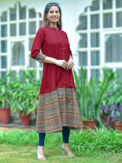Rayon & Cotton Cambric Zig-Zag Printed A-line Kurta