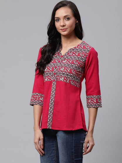 YASH GALLERY Women's Cotton Slub Kalamkari Printed Regular Top (PINK)