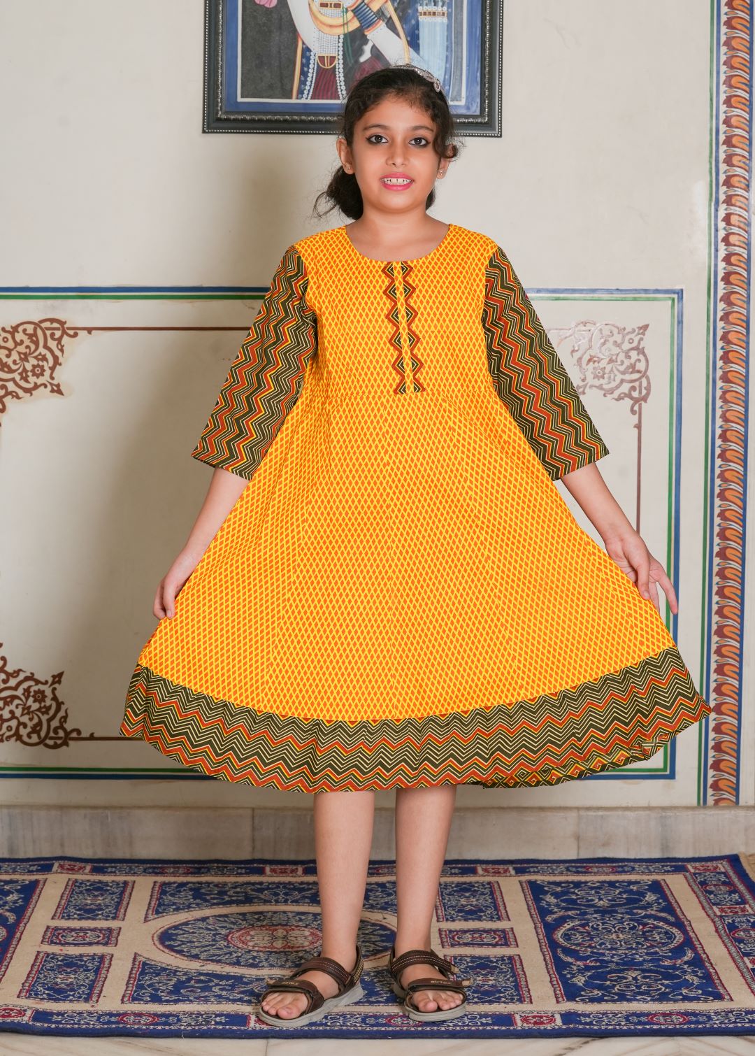 Yash Gallery Kids Cotton Geometric Print Anarkali Dress (Mustard)