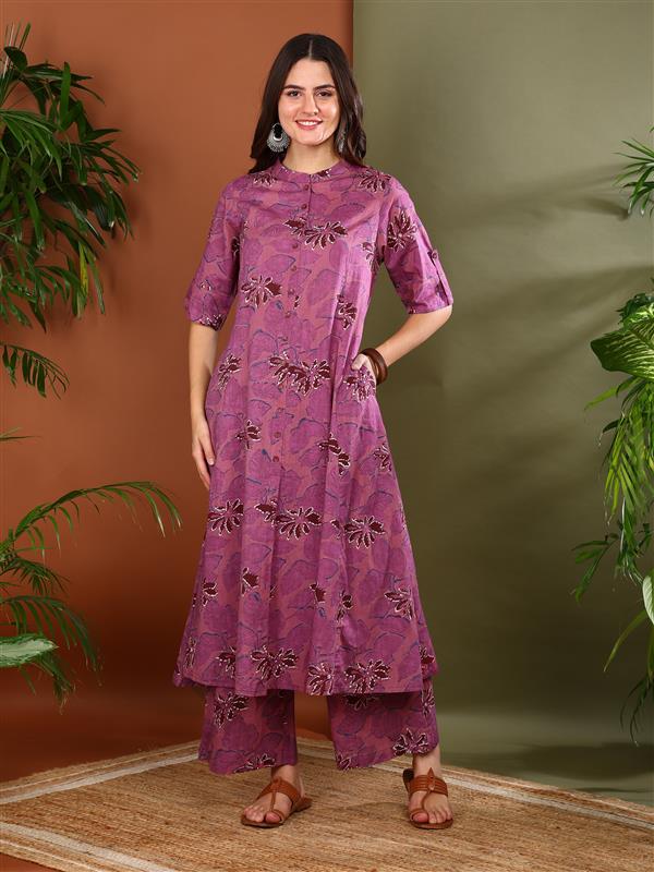 Yash Gallery Women's Cotton Floral Print Knee Length Half Sleeve A-line Kurta With Pant