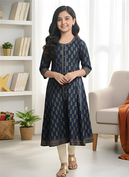 Yash Gallery Kid's Maxi Cotton Print Anarkali Dress (Blue)