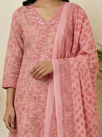 Yash Gallery Women’s Cotton Floral Print, Sequinned & Embroidered Anarkali Kurta & Pant with Dupatta Set