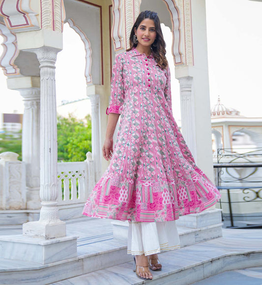 yash gallery womens geomatrical printed anarkali kurti pink