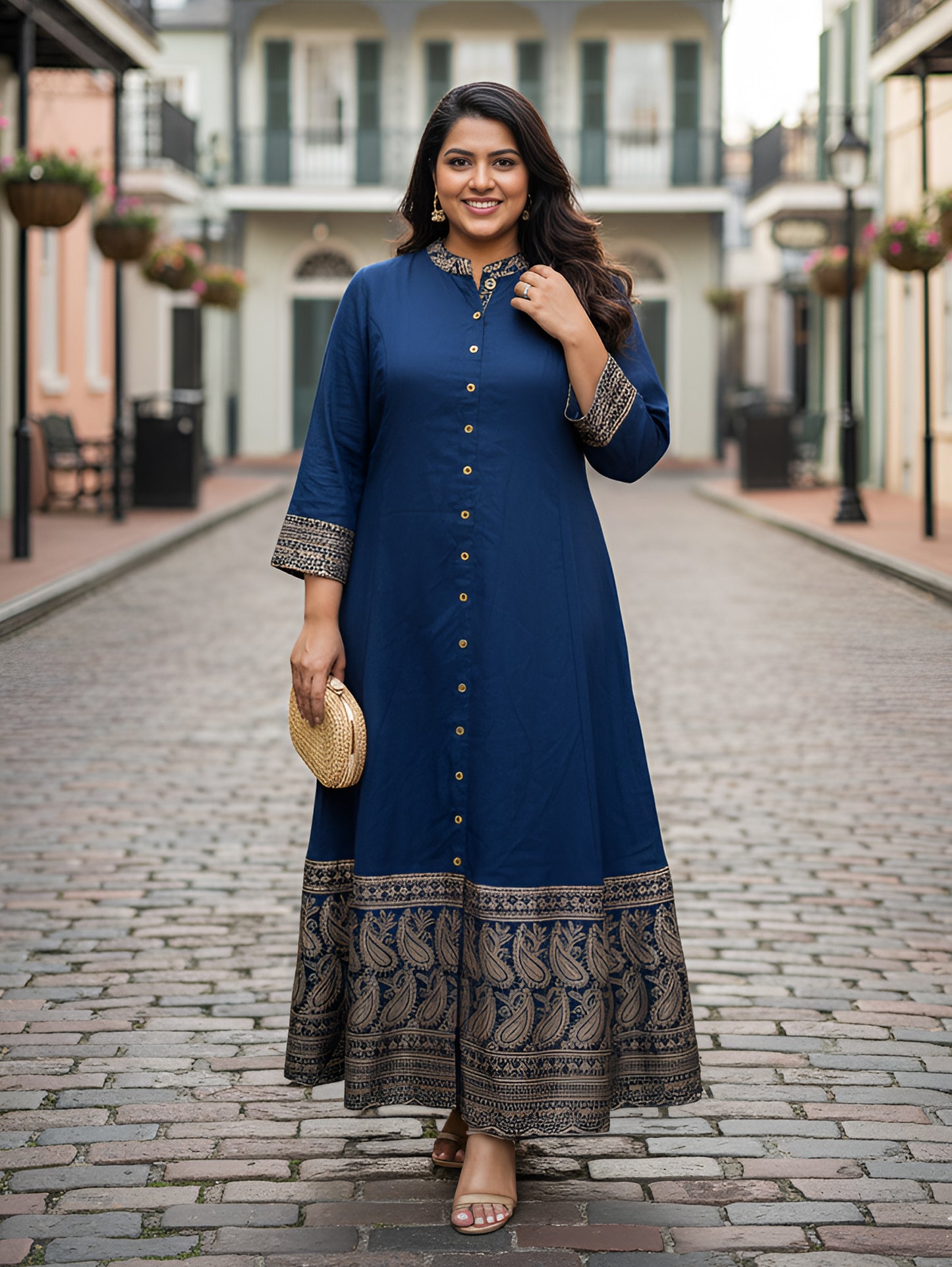 Yash Gallery Women’s Navy Blue Rayon Kurta with Golden Foil Print, 3/4th Sleeves (Navy Blue)