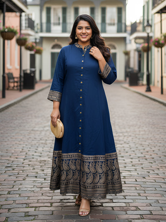Yash Gallery Women’s Navy Blue Rayon Kurta with Golden Foil Print, 3/4th Sleeves (Navy Blue)