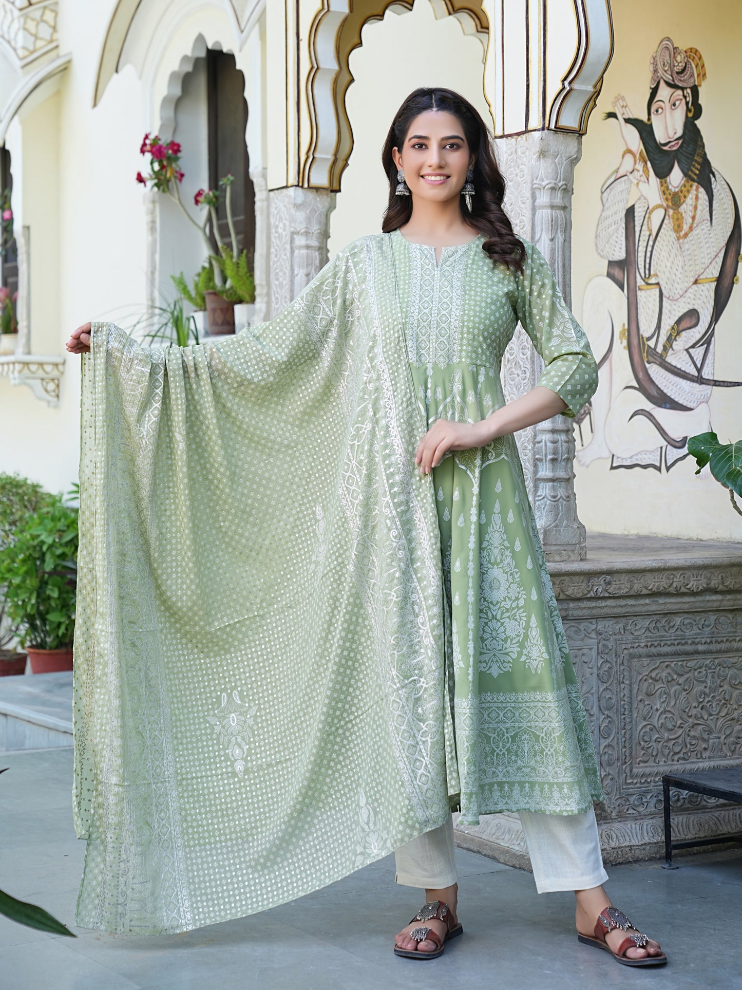 Yash Gallery Women's Polyester Calf Length 3/4th Sleeve Notch Neck Geometric Printed Anarkali Kurta with Dupatta
