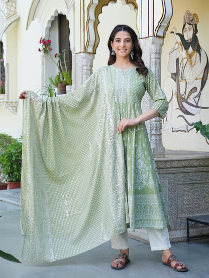 Yash Gallery Women's Polyester Calf Length 3/4th Sleeve Notch Neck Geometric Printed Anarkali Kurta with Dupatta