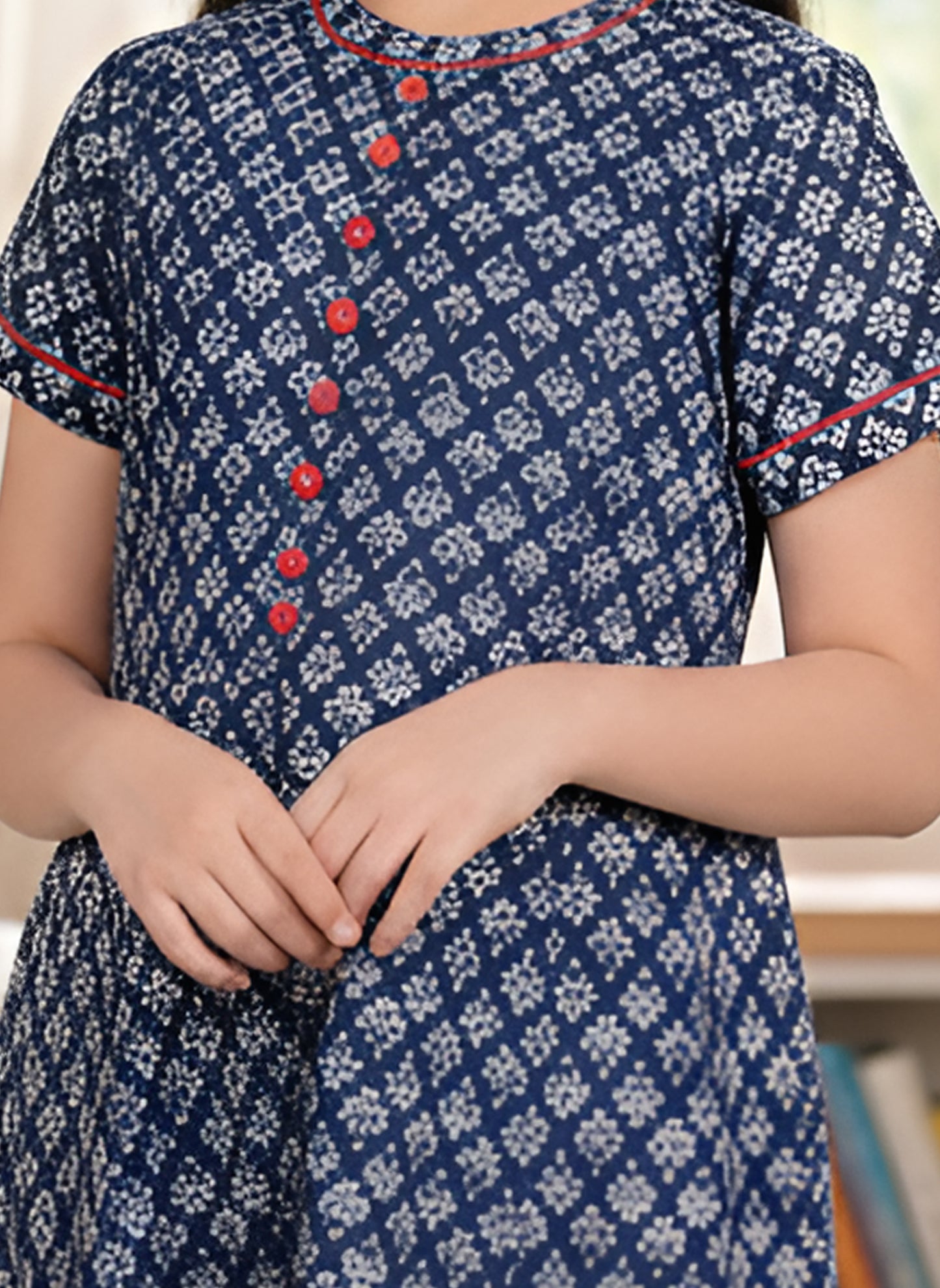 Yash Gallery Kids Cotton Floral Print Anarkali Dress (Blue)