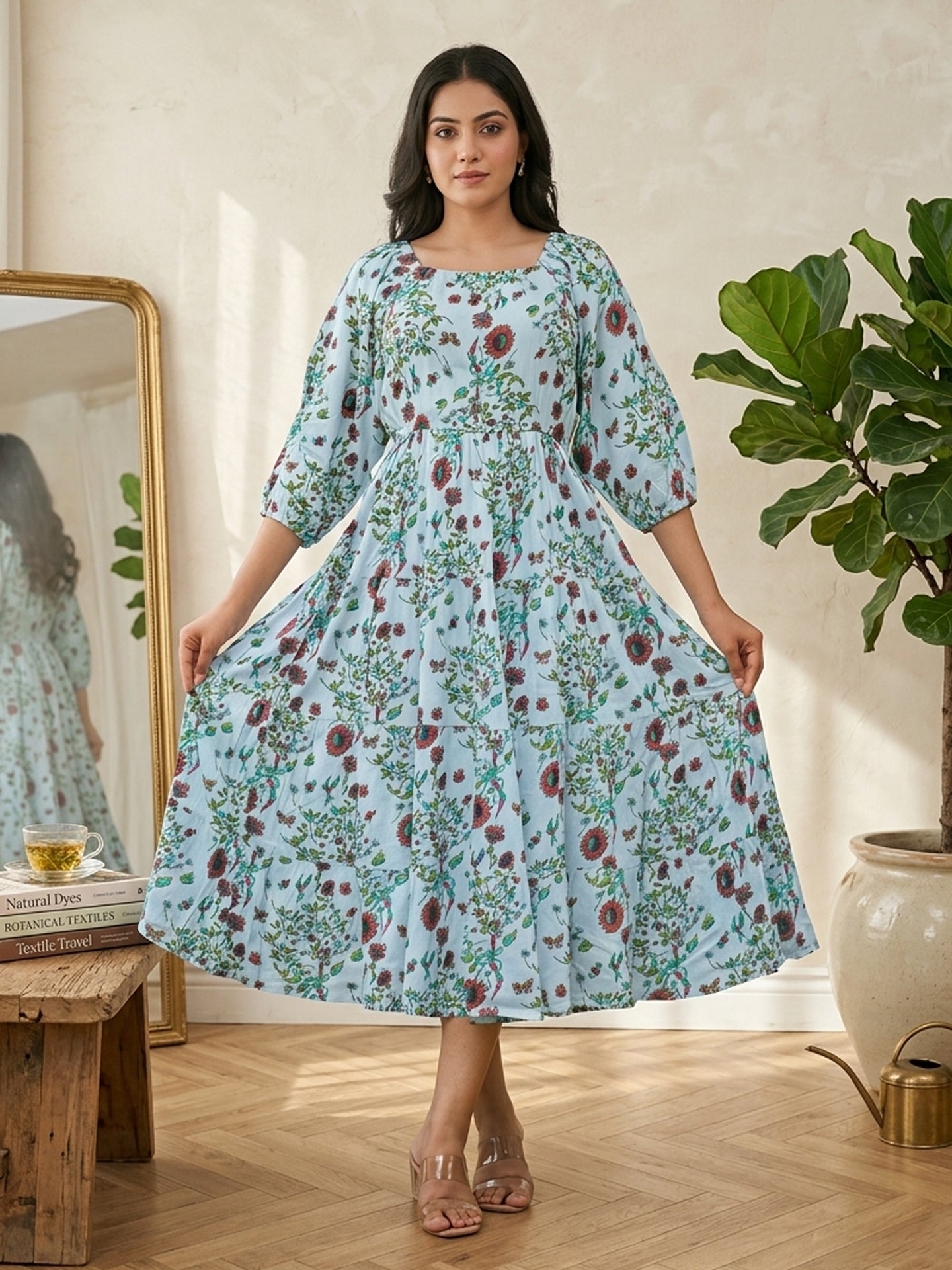 Yash Gallery Women's Rayon Floral Printed Square Neck 3/4th Sleeve Tiered Style Casual Maxi Dress