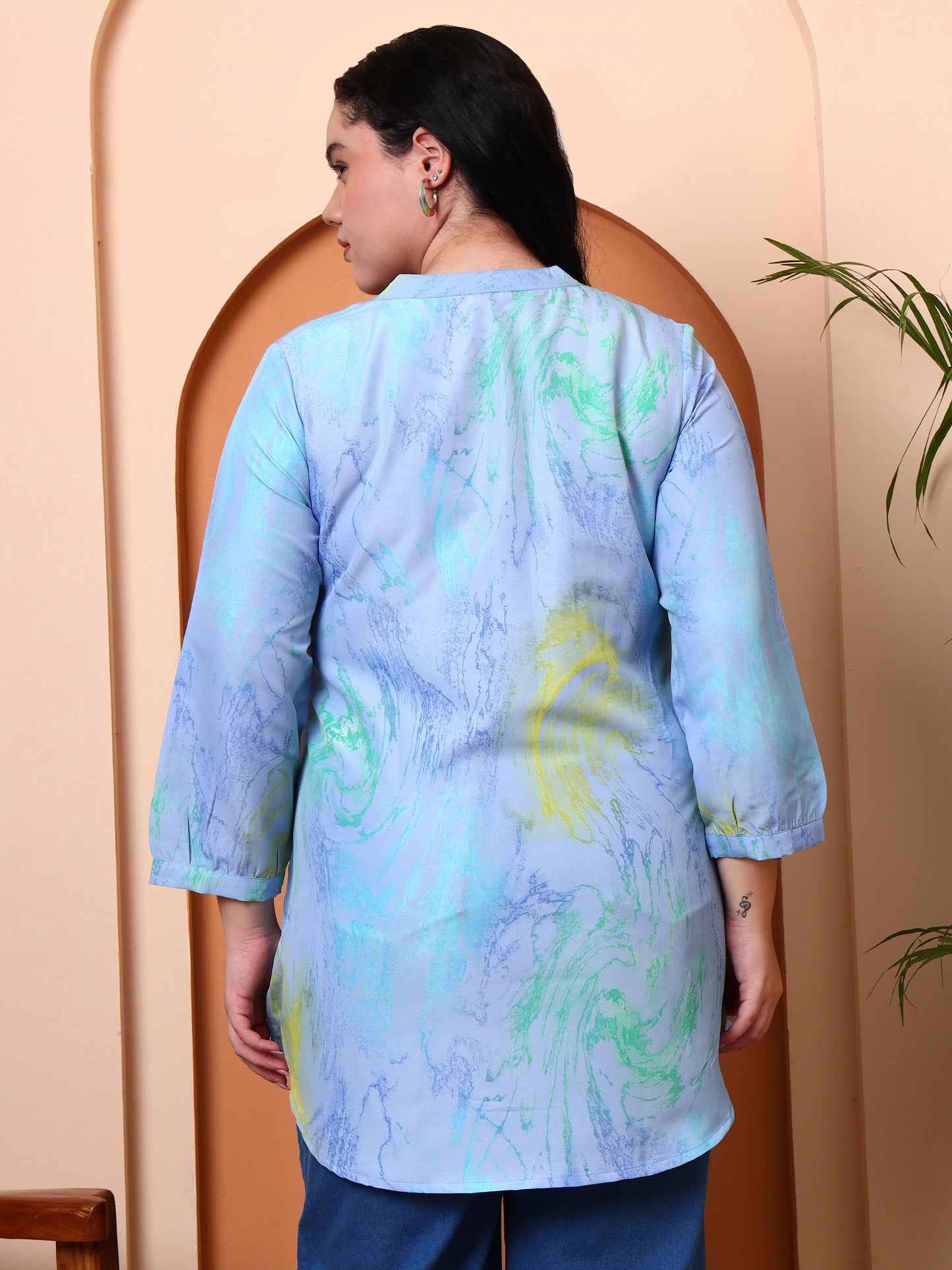 Yash Gallery Women’s Polyester Marble Print Kurti Mandarin Collar with Pintuck Pleats  3/4th Sleeve  (Blue)