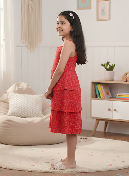 YASH GALLERY Kids Rayon Floral Printed Layered Dress (Red)