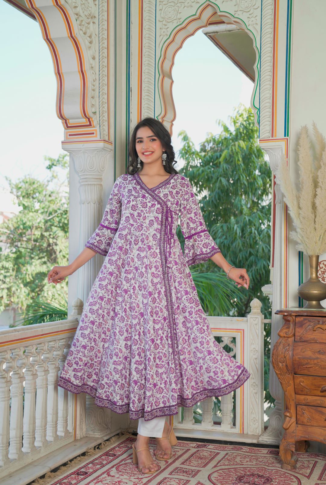 Rayon Floral Print Angrakha Kurta