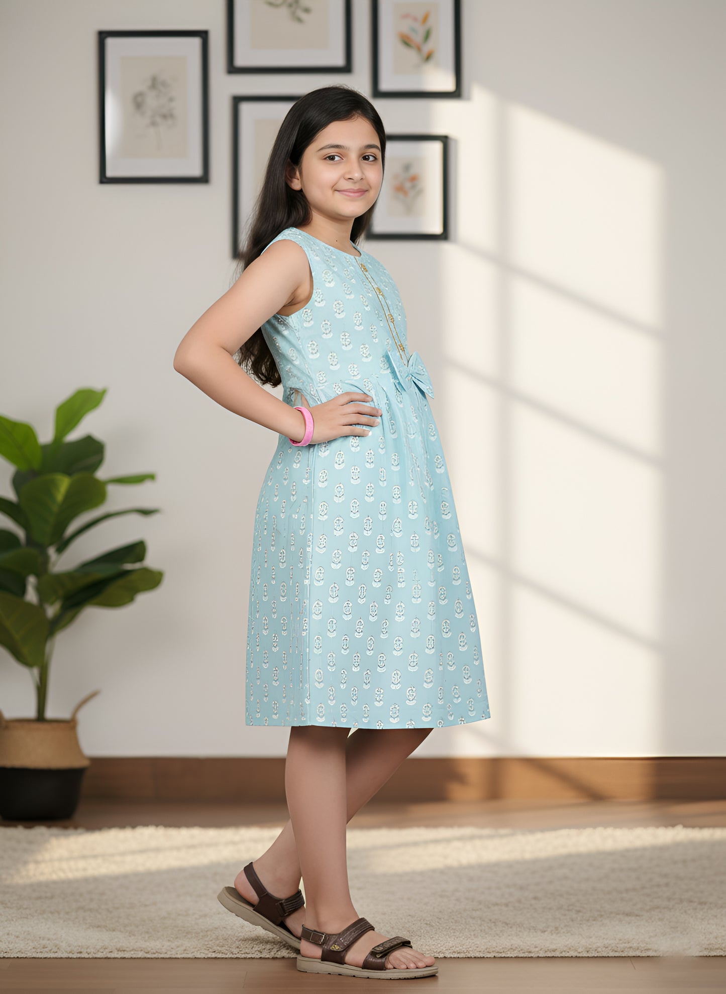 YASH GALLERY Kids Cotton Floral Printed Embroidered Pleated Dress (SkyBlue)