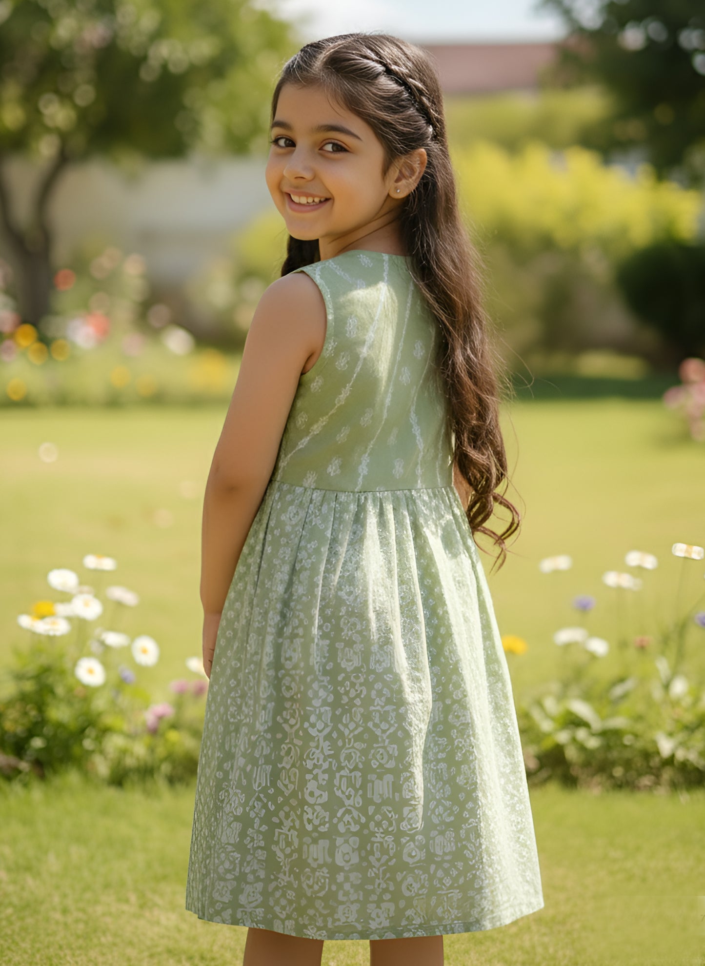 Yash Gallery Kids Georgette Silver-Print A-Line Dress Sleeveless, Round Neck