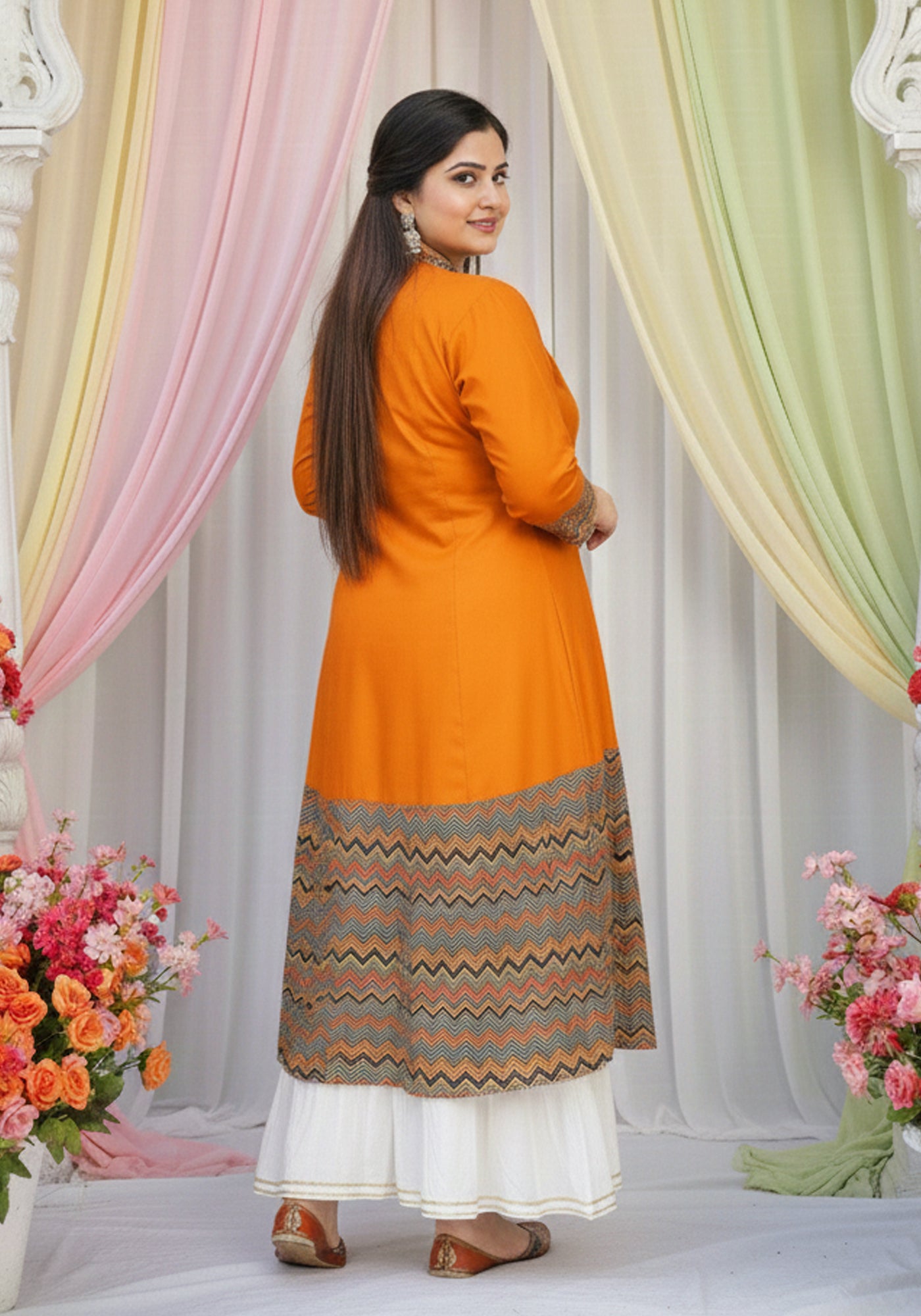 Rayon & Cotton Cambric Zig-Zag Printed A-line Kurta Plus Size