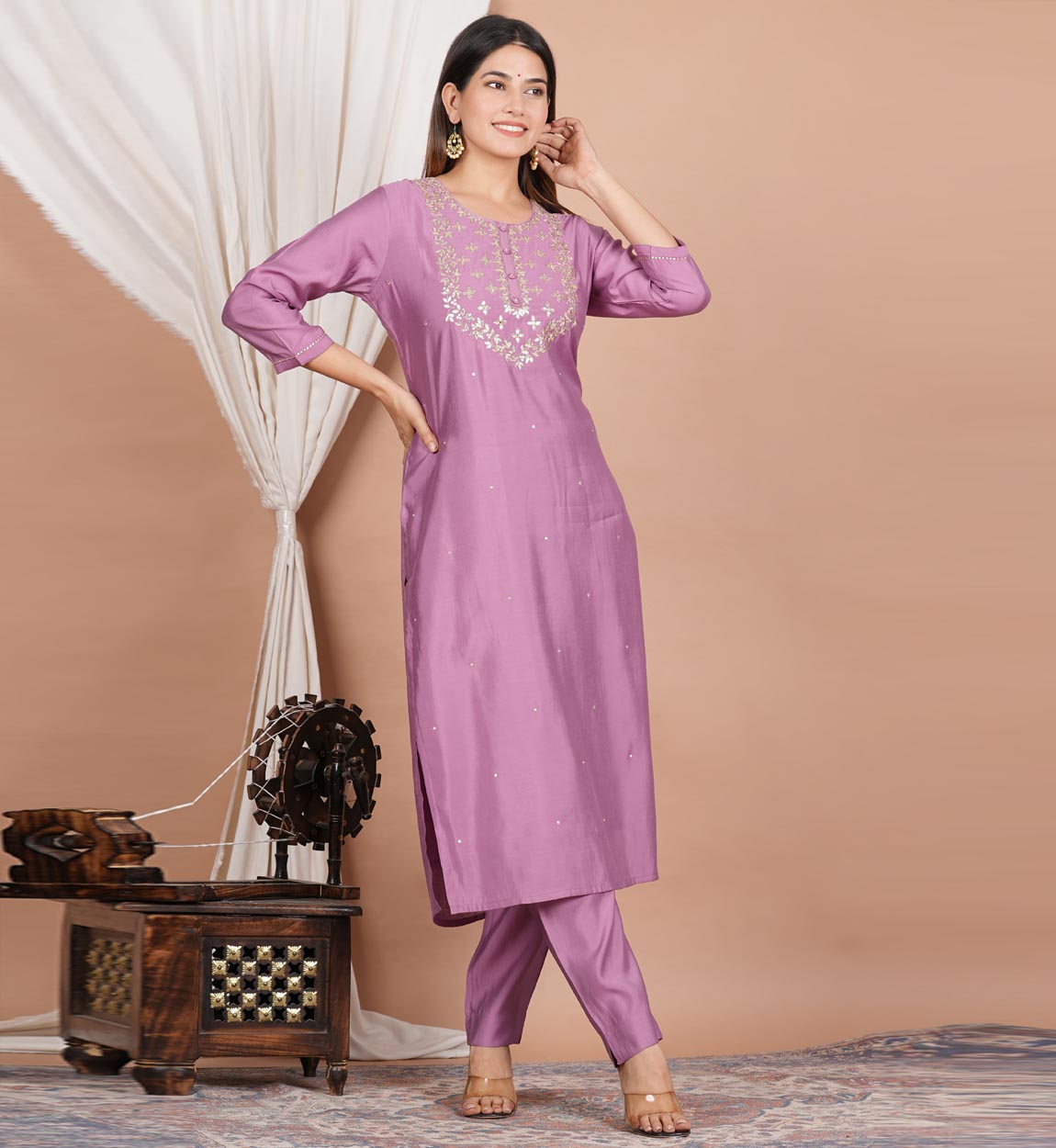 Indian Bollywood Women Designer Gota Patti Work Wedding Party buy Wear Straight Purple Kurti Pant With Dupatta Special For Women.Gift For Her.