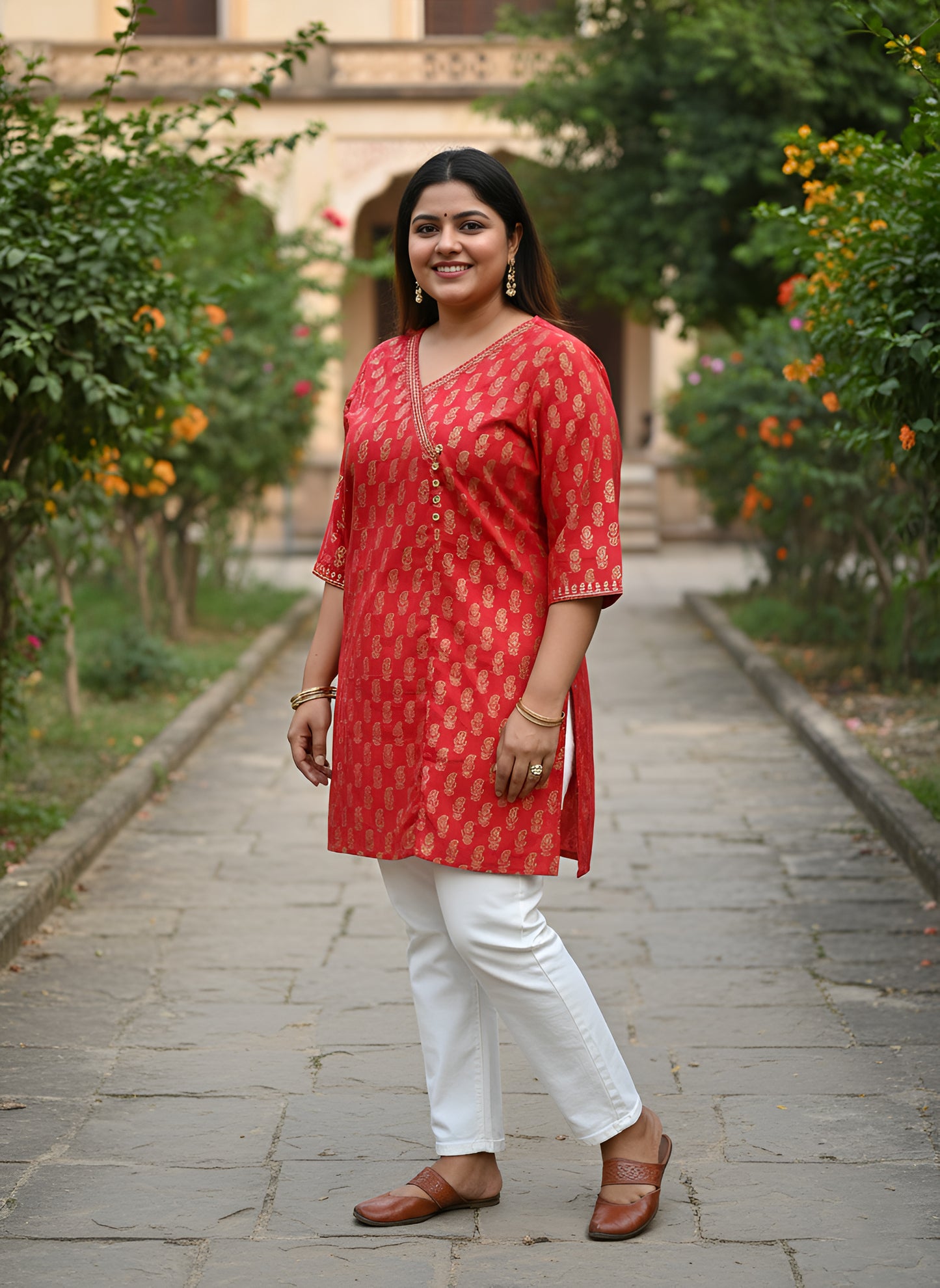 Yash Gallery Women’s Cotton Gold Block Print V-Neck and 3/4 Sleeves Wrap Style Kurti