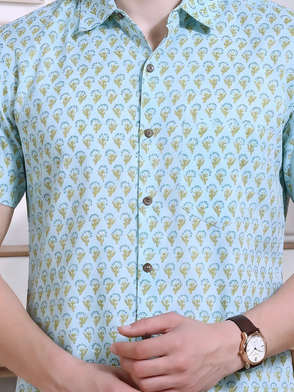Yash Gallery Men's Cotton Cambric Handblock Print Regular Shirt (Mint)
