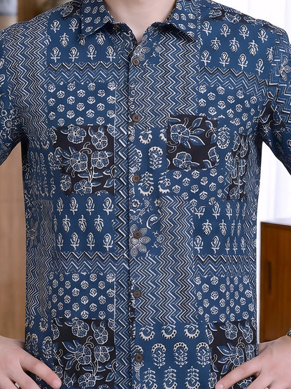Yash Gallery Men's Cotton Cambric Handblock Print Regular Shirt (Mint)