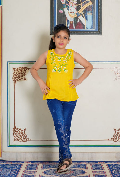 Yash Gallery Kids Floral Embroidery Top (Yellow)