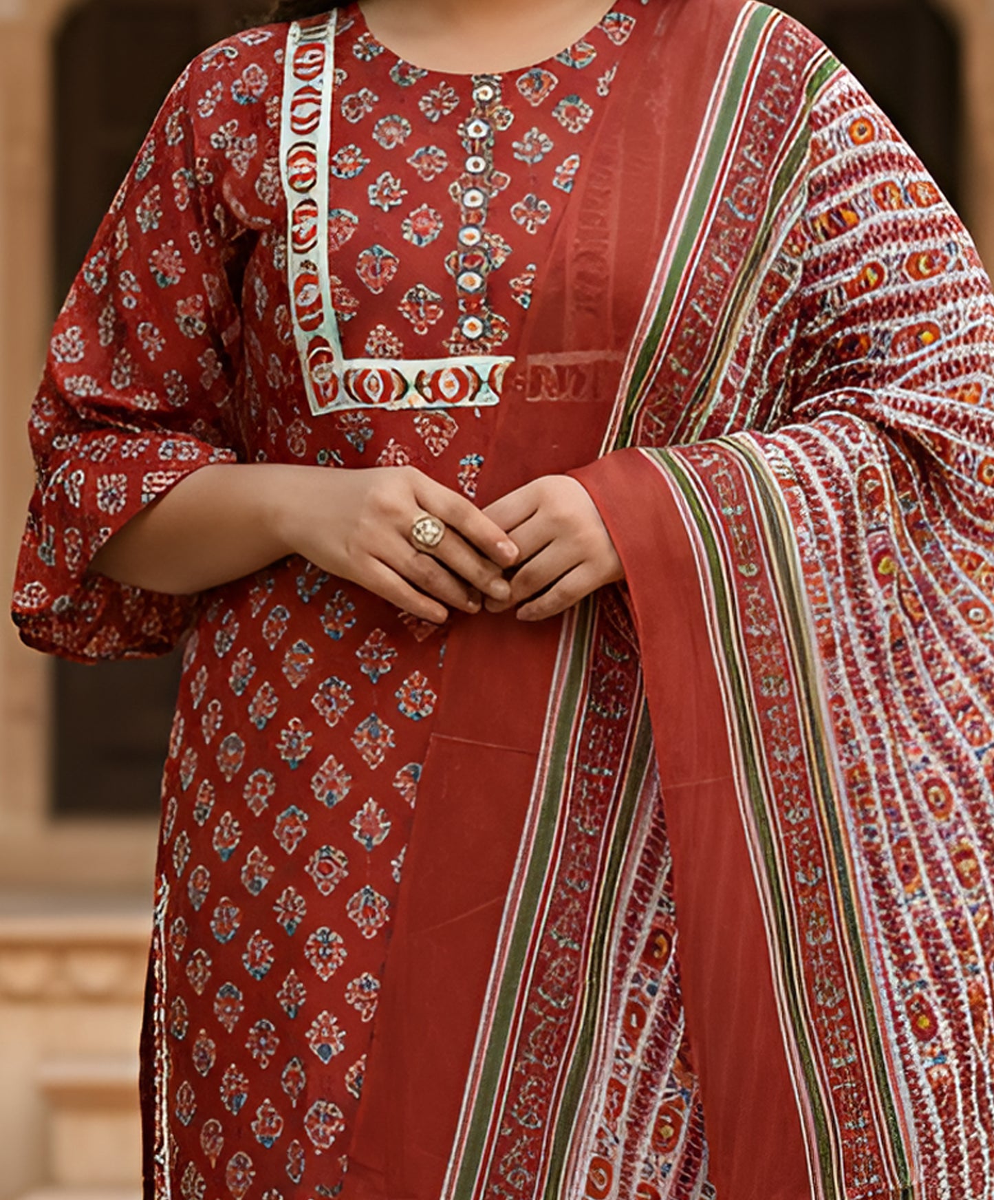 Yash Gallery Women’s Rayon Floral Print Straight Kurta & Printed Pants with Dupatta Set (Maroon)