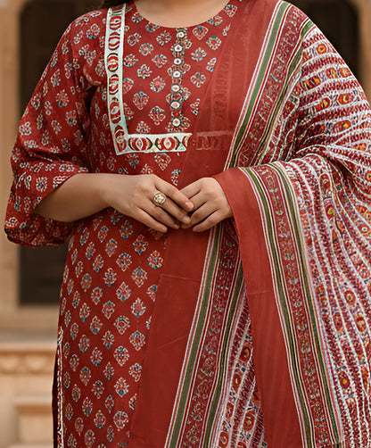Yash Gallery Women’s Rayon Floral Print Straight Kurta & Printed Pants with Dupatta Set (Maroon)