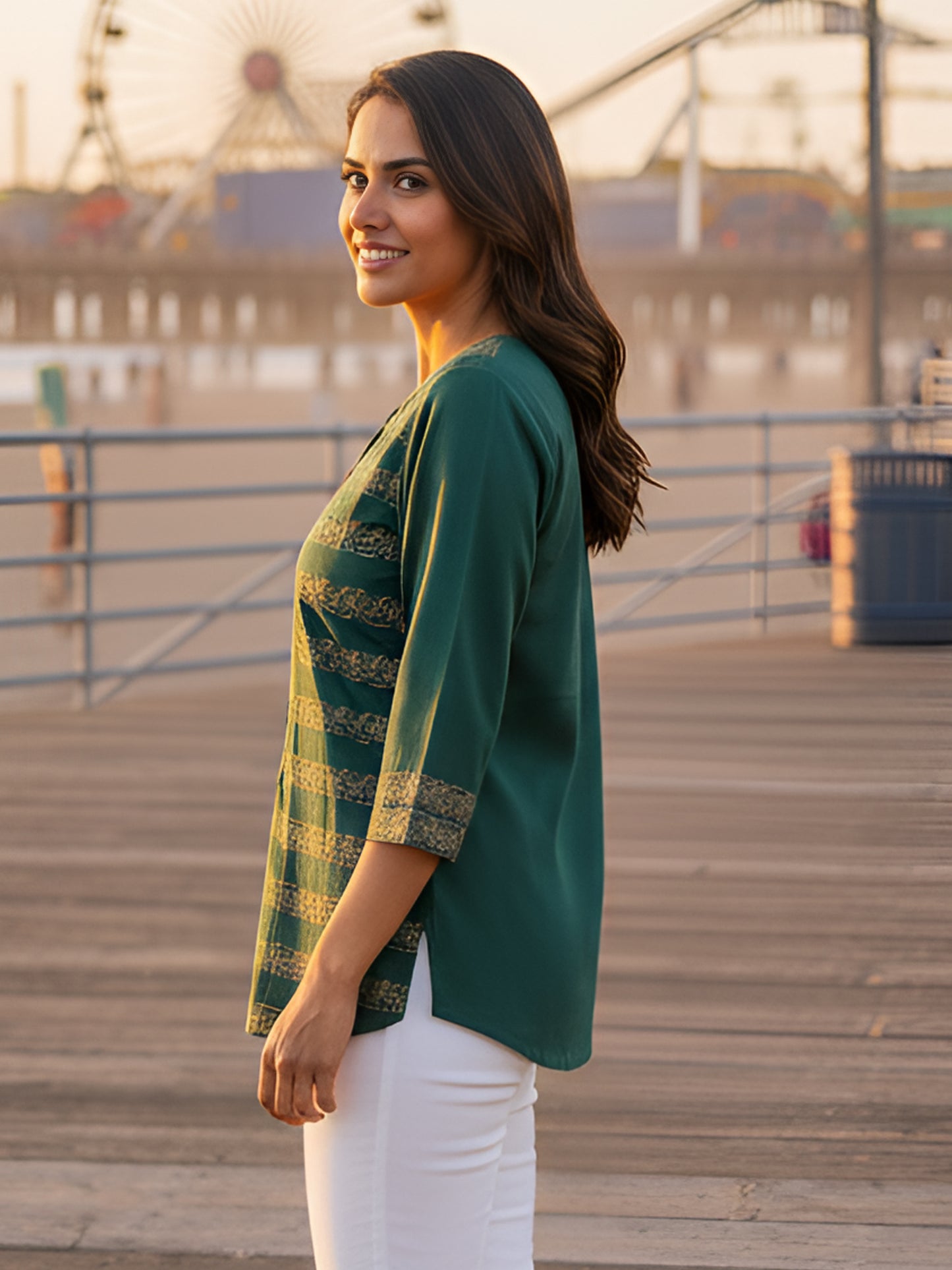 Yash Gallery Women's Ethnic Green Rayon Tunic Top with Elegant Gold Print, 3/4th Sleeve (Green)