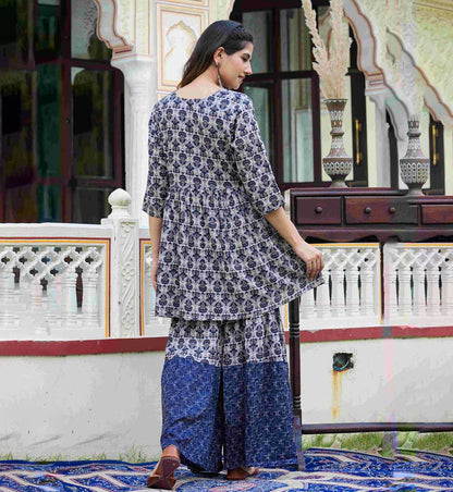YASH GALLERY Women's Blue Ikat Printed Embroidered Short Kurti with Sharara & Dupatta