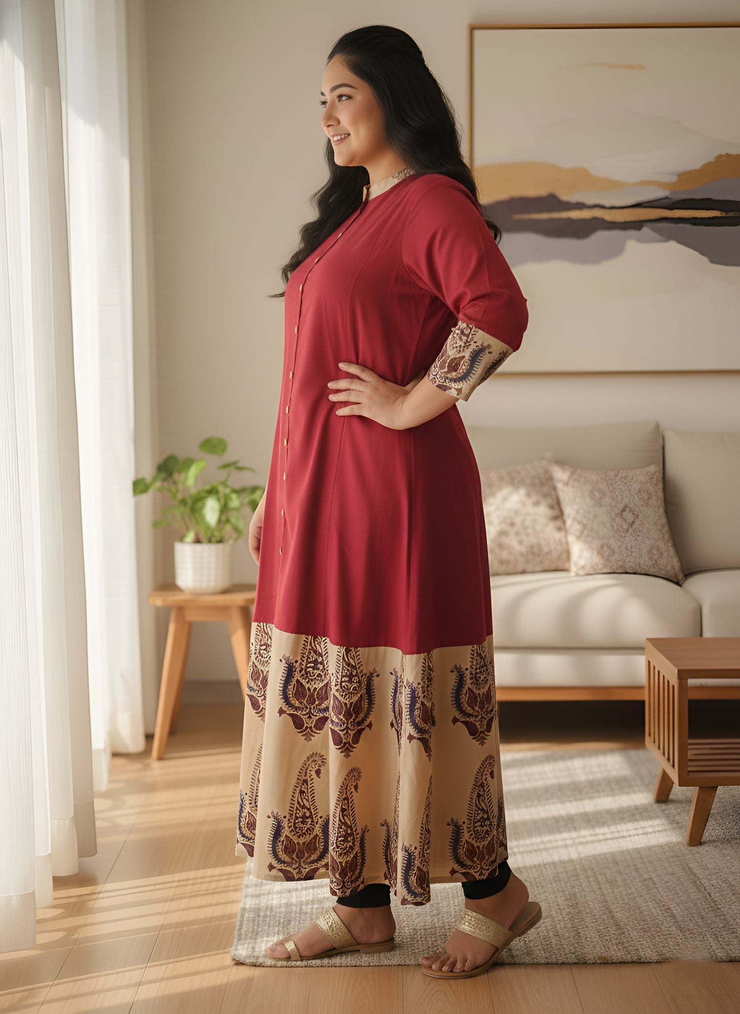 Yash Gallery Women Plus Size Cotton Buta Print A-Line Kurta (Maroon)
