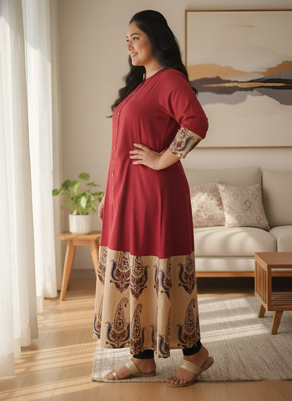 Yash Gallery Women Plus Size Cotton Buta Print A-Line Kurta (Maroon)