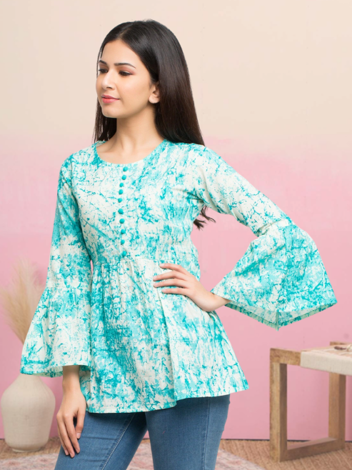 casual bell sleeve tie dye women turquoise