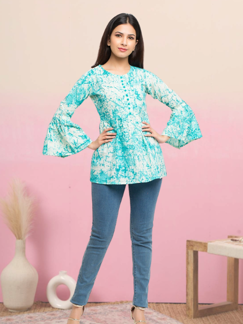 casual bell sleeve tie dye women turquoise