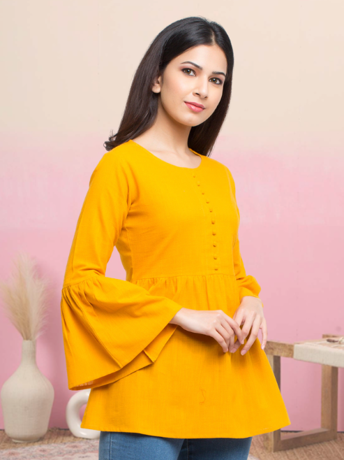 casual bell sleeve solid women top blue