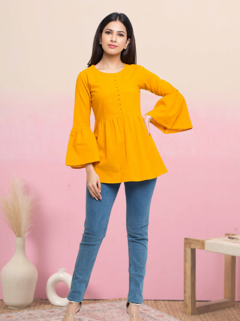 casual bell sleeve solid women top blue