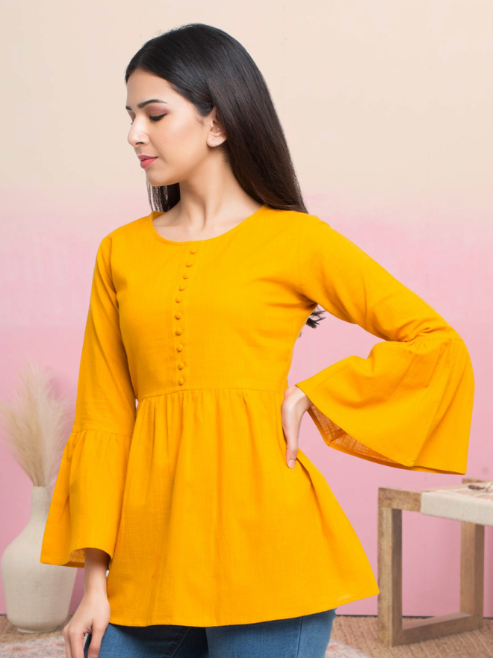 casual bell sleeve solid women top blue