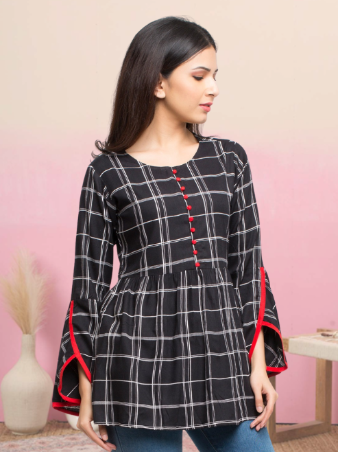 casual 3 4 sleeve checkered women black top