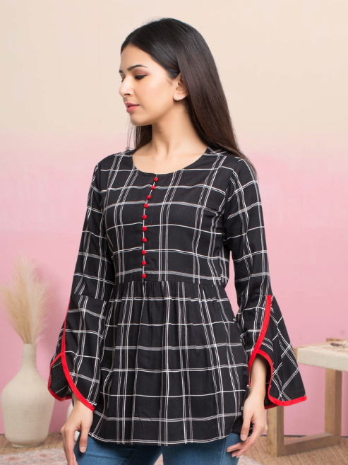casual 3 4 sleeve checkered women black top