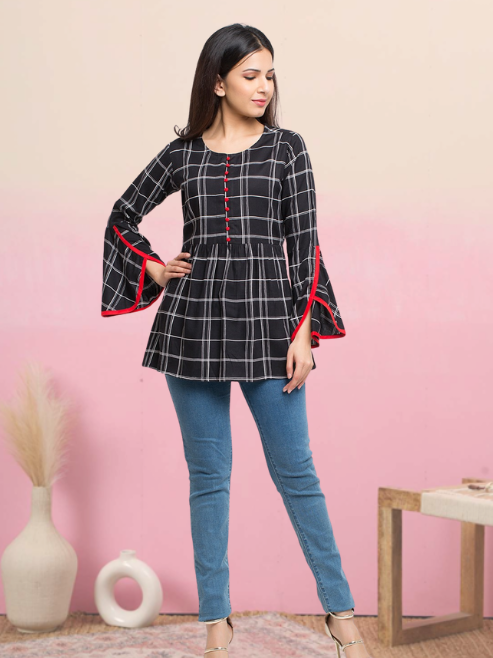 casual 3 4 sleeve checkered women black top