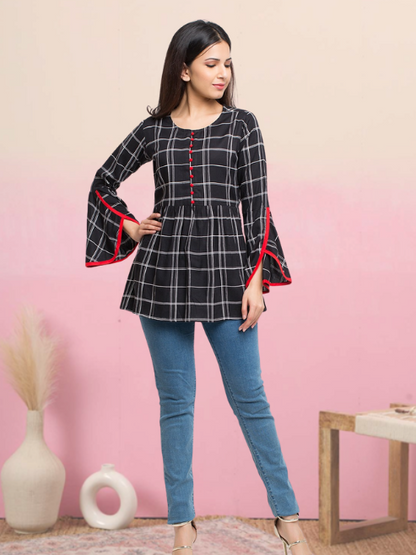 casual 3 4 sleeve checkered women black top
