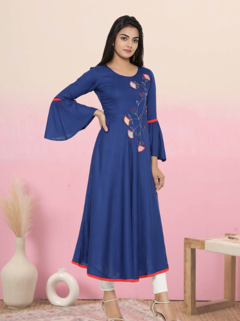 women applique anarkali kurta blue