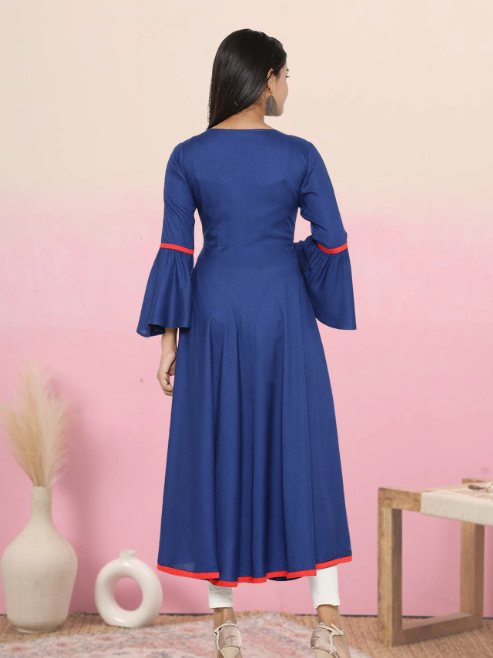 women applique anarkali kurta blue