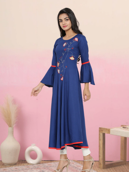 women applique anarkali kurta blue