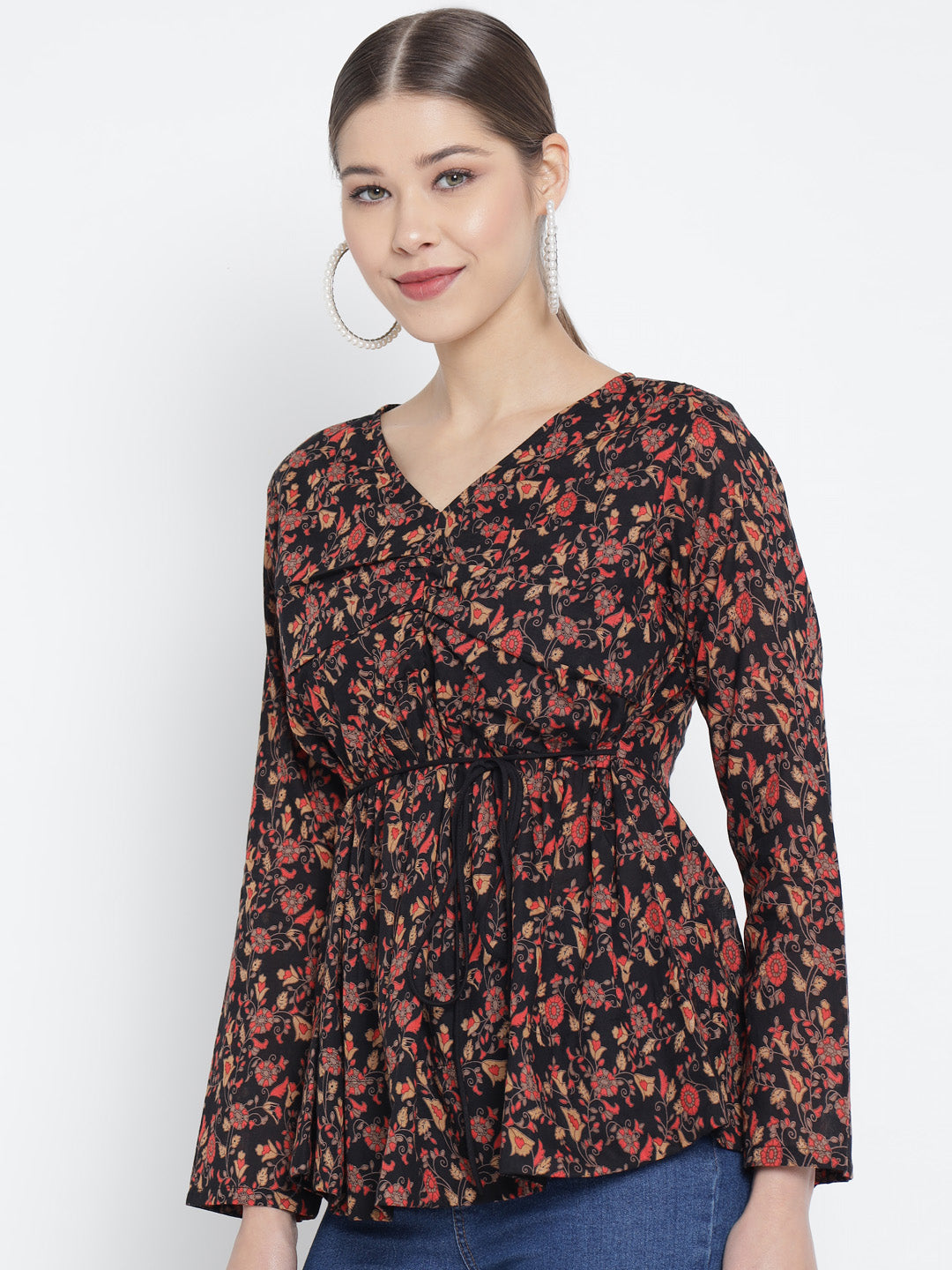 YASH GALLERY Women's Cotton Gathered Style Floral Printed Regular Top (Black)