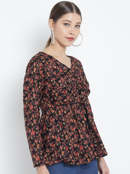 YASH GALLERY Women's Cotton Gathered Style Floral Printed Regular Top (Black)