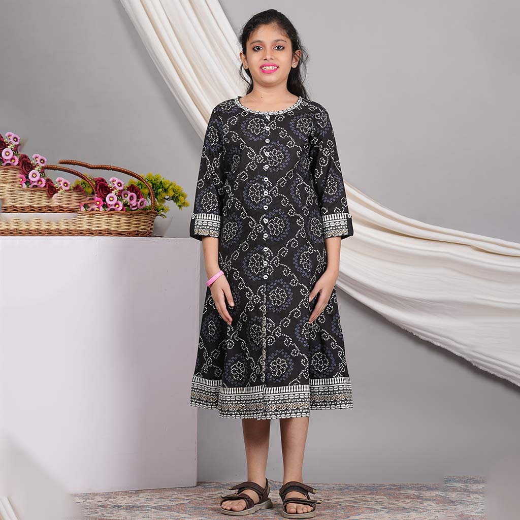 Yash Gallery Kids Cotton Bandhej Print Anarkali Dress (Black)